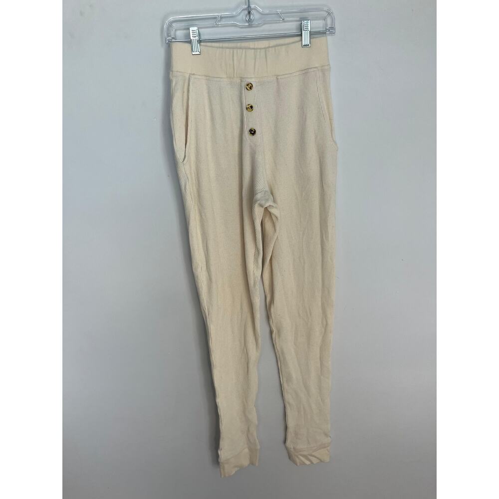 Donni Thermal Lounge Pants Women M Cream Button Front Ribbed Pull‎ On